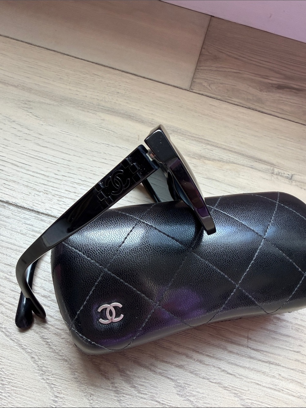 CHANEL Black Quilted Sunglass Case with Matching Black Logo Sunglasses